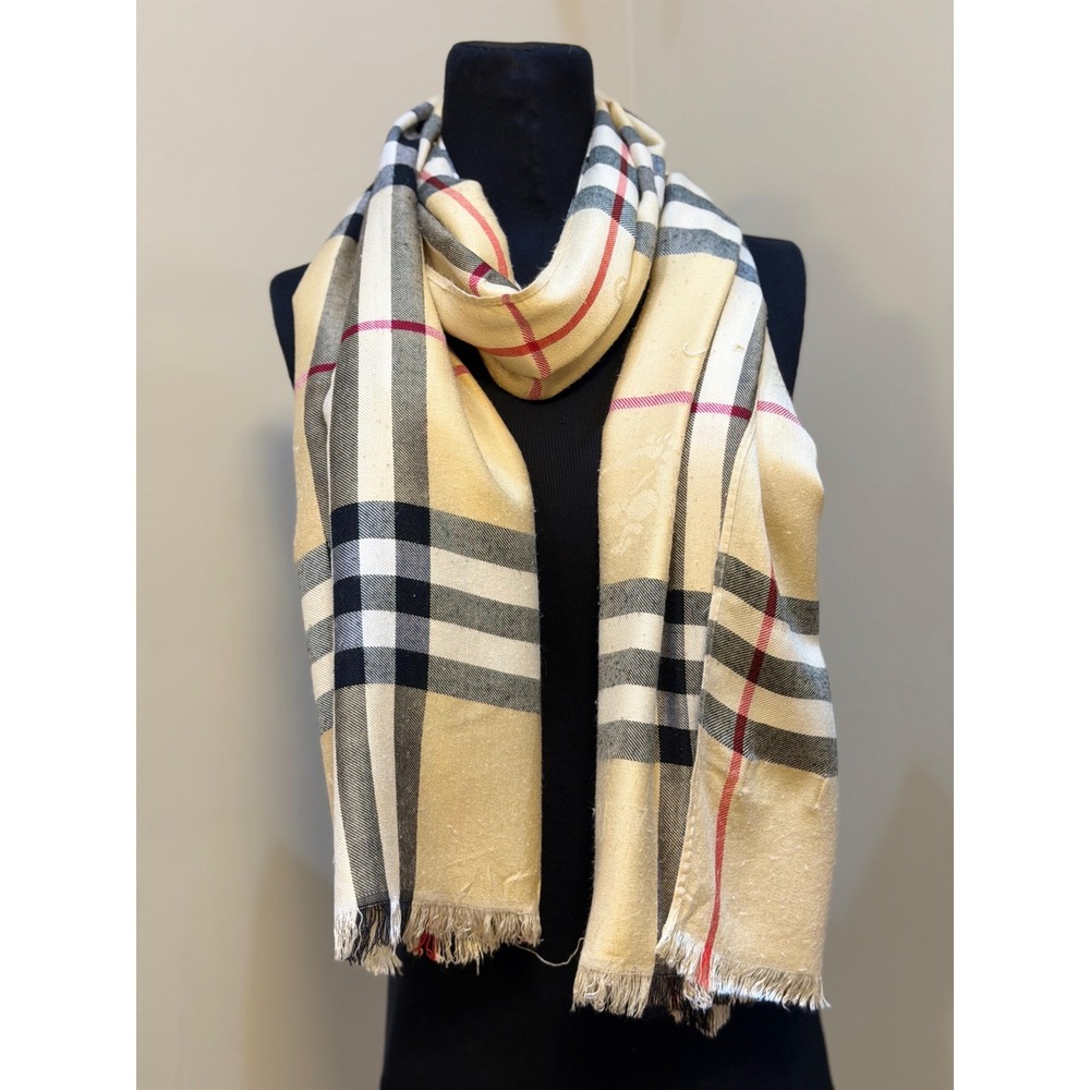 Burberry London 100% Cashmere Scarf Nova Check Plaid Tan Made in England Fringed
